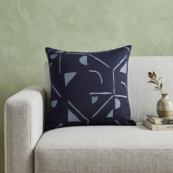 HomeRoots 24" Blue Geometric Cotton Blend Throw Pillow With Embroidery