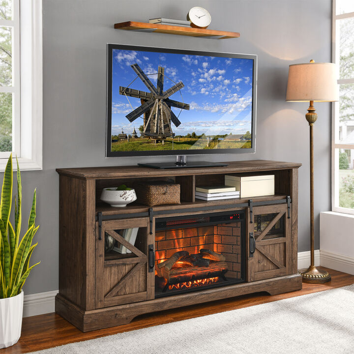 60 Inch Electric Fireplace Entertainment Center With Door Sensor-Reclaimed Barnwood Color