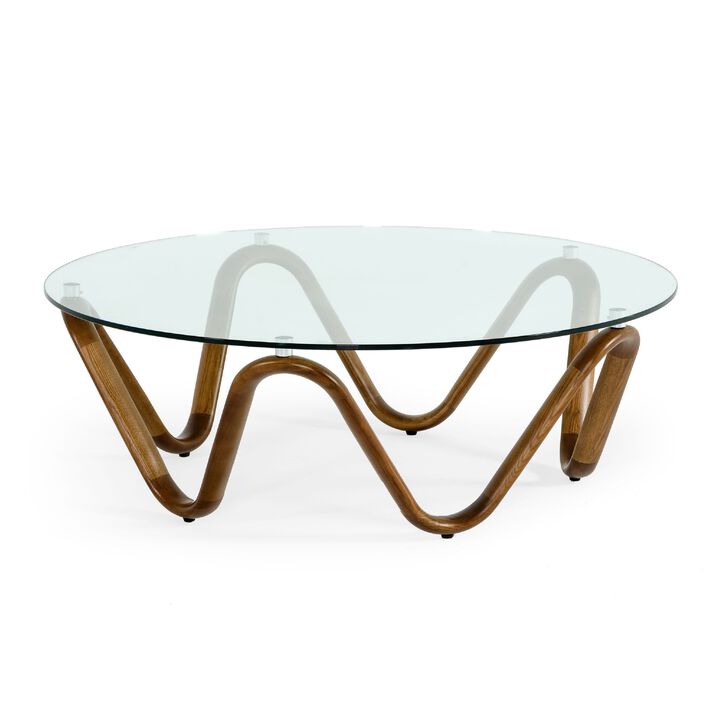Cid Lasp Coffee Table, 45 Inch, Round Glass Top, Walnut Wave Design Base - Benzara