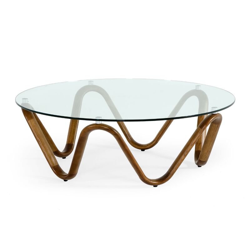 Cid Lasp Coffee Table, 45 Inch, Round Glass Top, Walnut Wave Design Base - Benzara image number 1