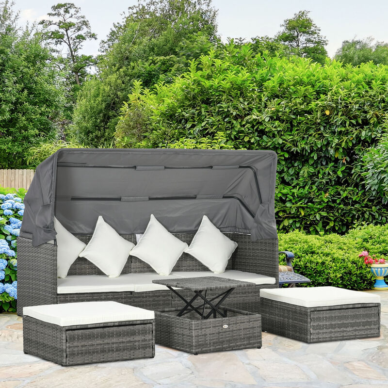 Outsunny 4 Piece Adjustable Canopy Outdoor Rattan Sofa Set Patio Furniture Wicker Sets with Height Adjustable Coffee Table & Cushions Cream White
