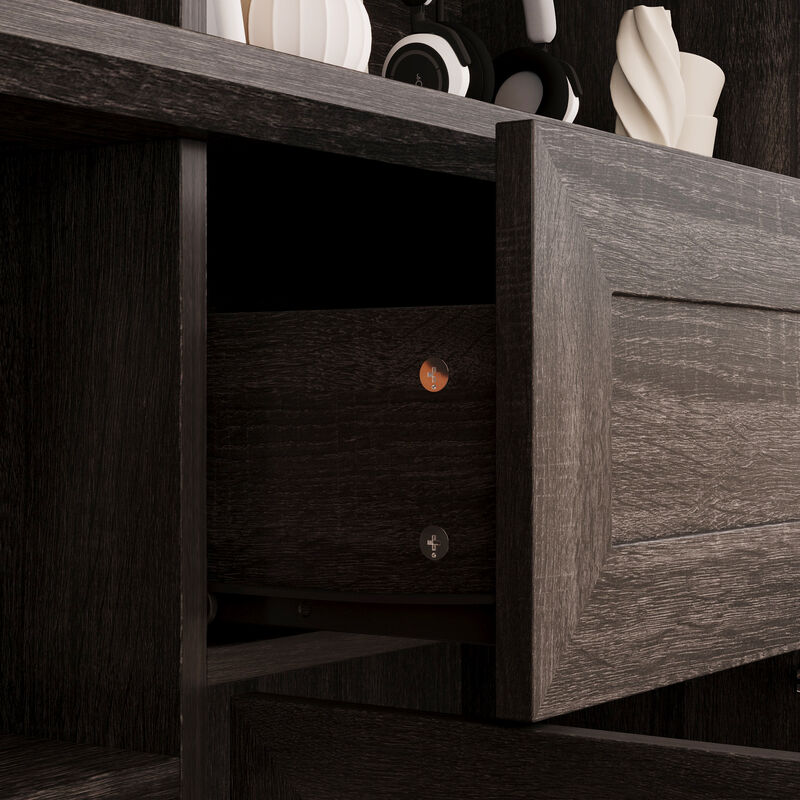 FUFU&GAGA Retro 8-Door Cabinet with a Drawer, Beveled Frame & Angled Panel Design, Glass & Wood Grain Finish, Brushed Metal Handles (60.6 in. W x 15.7 in. D x 79.9 in. H), Dark Brown