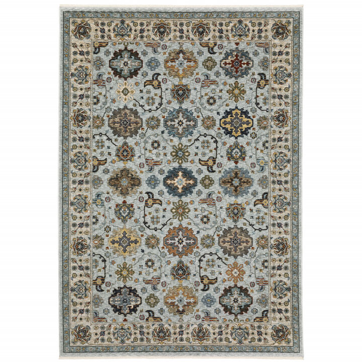 5 X 8 Blue Beige grey green Yellow And Rust Oriental Power Loom Stain Resistant Area Rug With Fringe