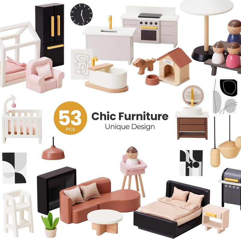 Wooden Doll House, Modern Family Dollhouse with Realistic Design - 7 Rooms Dollhouse with 53 PCS Accessories, Montessori Pretend Play Toddler Toy image number 6