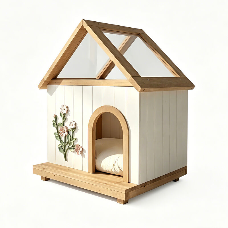 Transparent Roof Pet House with Floral Carving, Cedar Indoor Shelter for Cats & Small Dogs image number 0