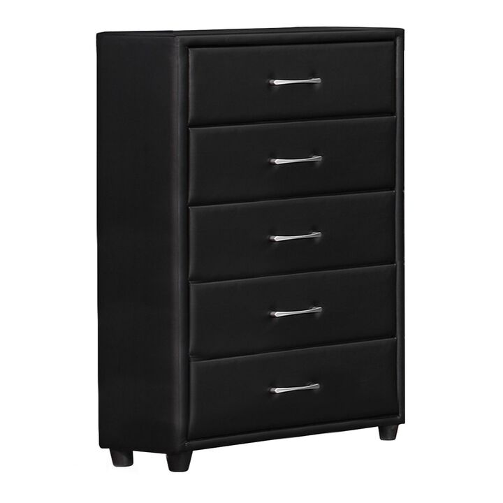 5 Drawer Leatherette Wooden Frame Chest with Tapered legs, Black-Benzara