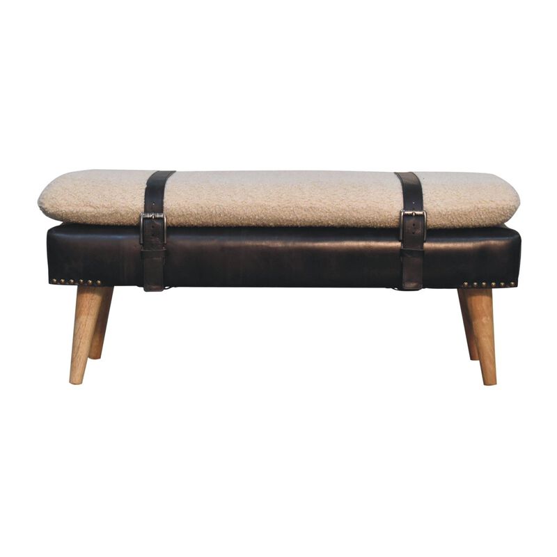 Boucle Buffalo Hide Black Leather Bench