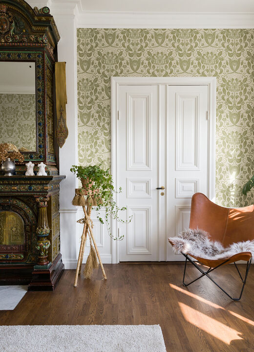 Berit Olive Floral Crest Wallpaper