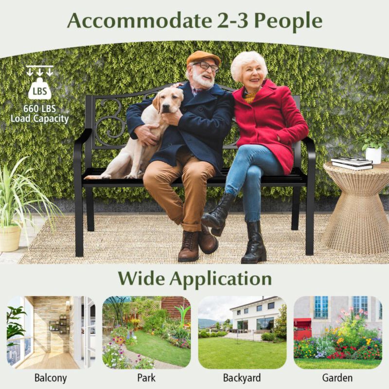 Hivvago 50 Inches Outdoor Garden Bench with Floral Design Backrest and Slatted Seat