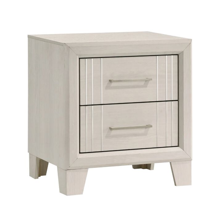 Charie Nightstand with 2 Drawers, Tapered Legs, Silver Metal, White Wood
