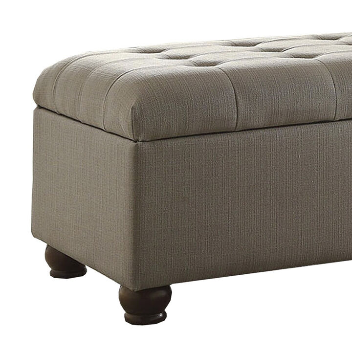 Textured Fabric Upholstered Button Tufted Storage Bench With Wooden Bun Feet, Gray and Brown - Benzara