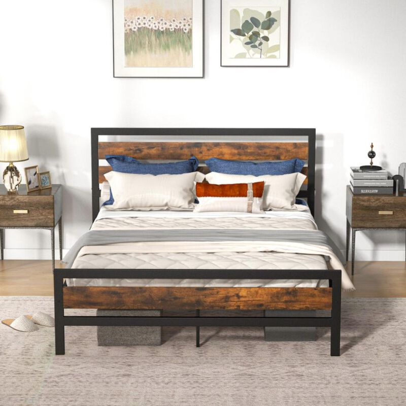Hivvago Queen Industrial Bed Frame with Rustic Headboard and Footboard