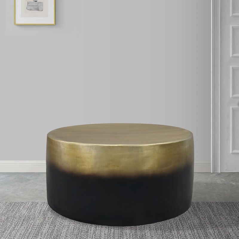 Dyan Coffee Table, 34.5 Inch Round Drum Shape, Black, Gold Antique Brass Ombre