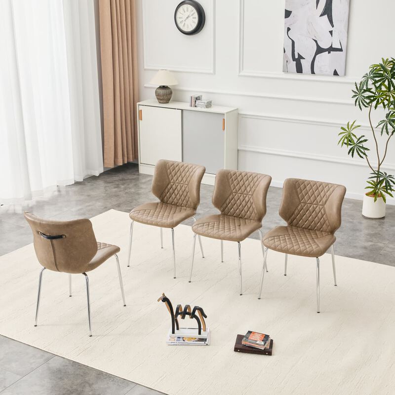 Set of 4 Leather Dining Chairs Square High Back Dining Chairs with Chevron Tufting Retro Dining Chairs with Metal Legs and Back Handle image number 3
