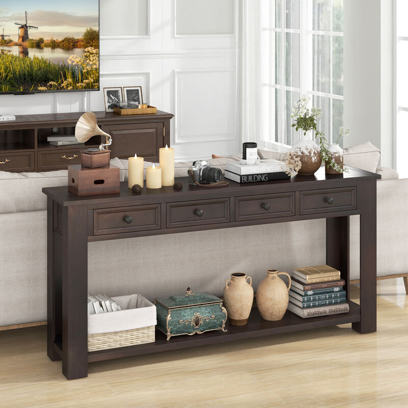 63-Inch Farmhouse Entryway Table with 4 Storage Drawers and Open Shelf for Home Organization