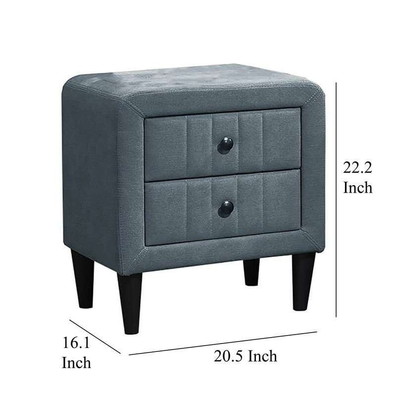 Rheo Nightstand, 2 Drawer, 22 Inch Slate Gray Brushed Linen Upholstery - Benzara
