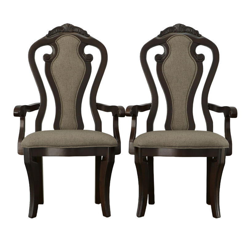 25 Inch Handcrafted Dining Armchair, Open Fiddle Back, Set of 2, Solid Wood Dark Walnut Frame-Benzara