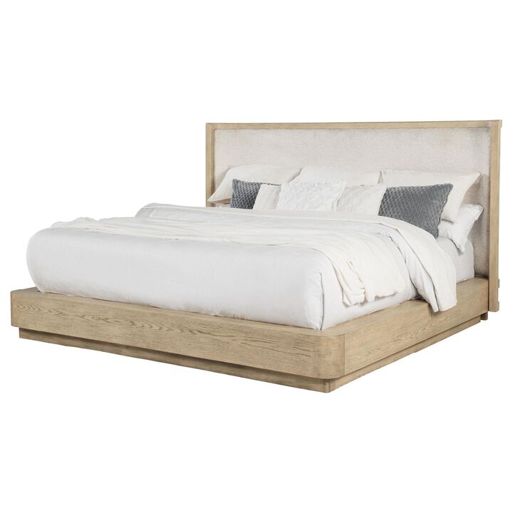 Lno Queen Platform Bed, Beige Upholstered Headboard, Oak Brown Cane - Benzara