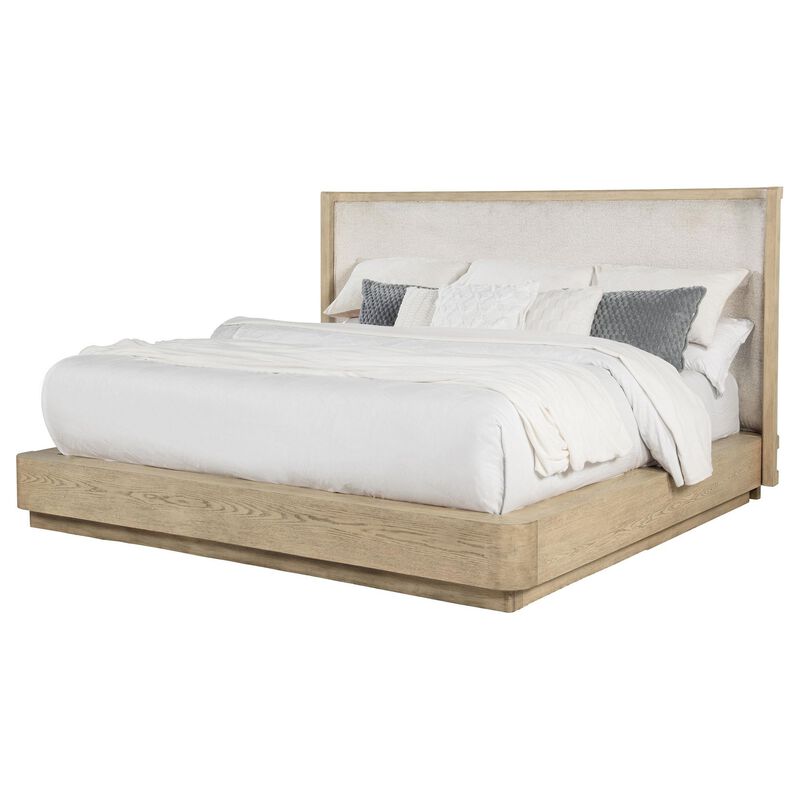 Lno Queen Platform Bed, Beige Upholstered Headboard, Oak Brown Cane - Benzara