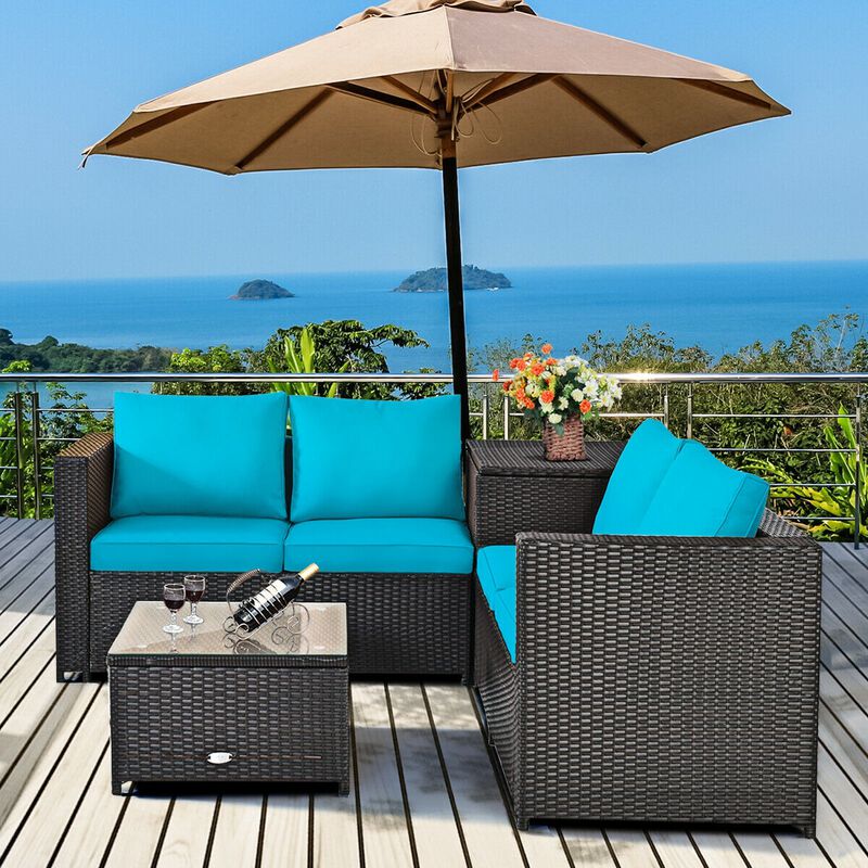 4 Pieces Outdoor Patio Rattan Furniture Set with Cushioned Loveseat and Storage Box image number 1