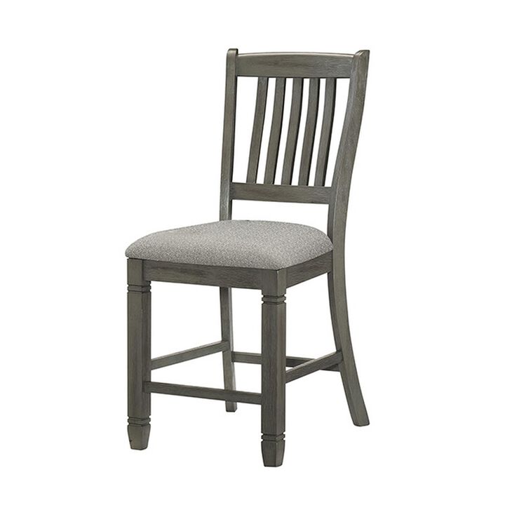 26 Inch Counter Height Chair Set of 2, Slat Back, Gray Wood, Fabric Seat - Benzara