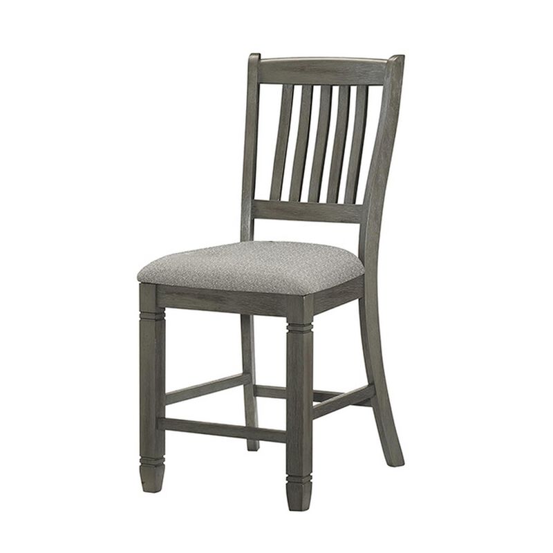 26 Inch Counter Height Chair Set of 2, Slat Back, Gray Wood, Fabric Seat - Benzara