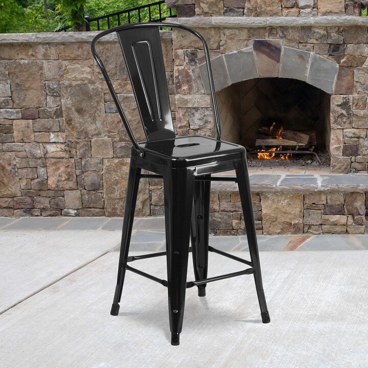 Flash Furniture Commercial Grade 24" High Black Metal Indoor-Outdoor Counter Height Stool with Removable Back
