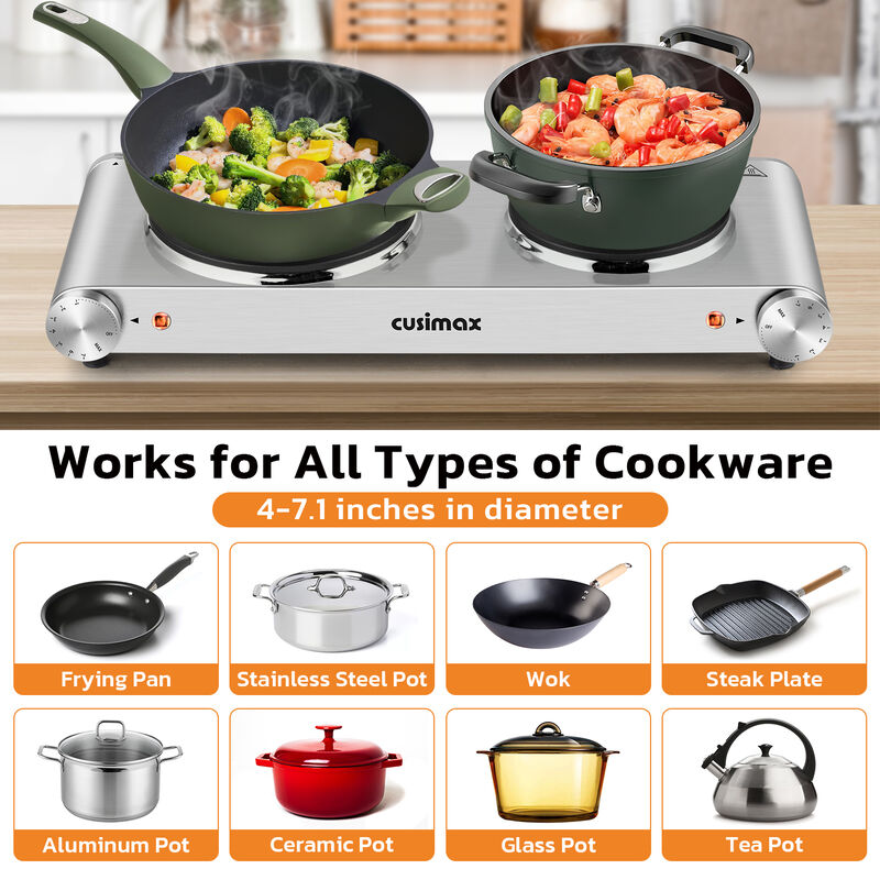 Cusimax 1800W Stainless Steel Electric Hot Plate, Portable Electric Stove, Double Burner for Cooking, Countertop Cooktop image number 3