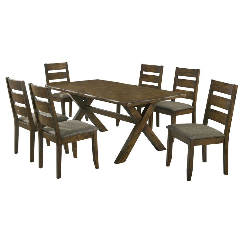 Siny 7pc Dining Table Set, Nutmeg Brown Finish, 6 Padded Side Chairs - Benzara