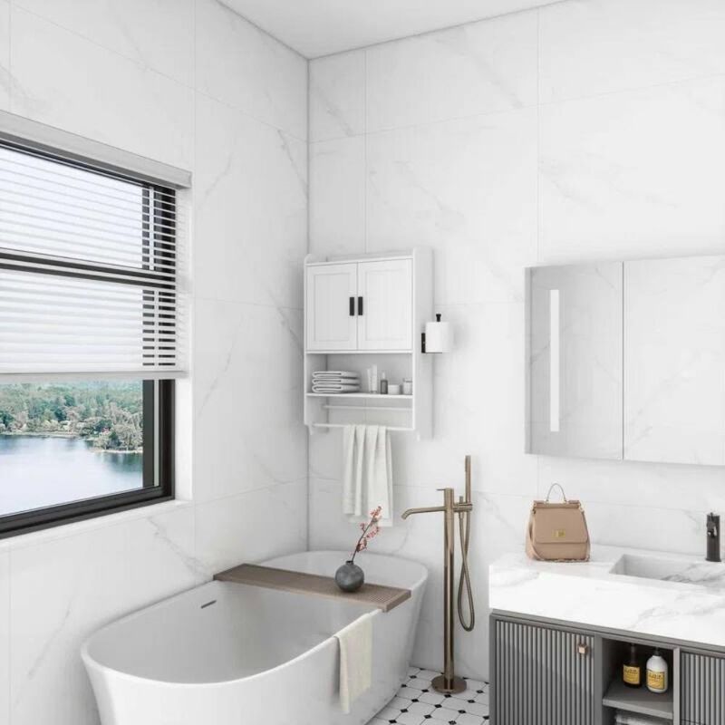 Hivvago White Bathroom Wall Cabinet with Towel Bar and Storage Shelf image number 2