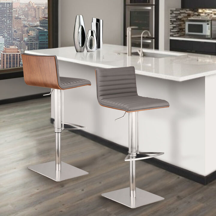 Café Adjustable Height Swivel Grey Faux Leather and Walnut Wood Stool with Brushed Stainless Steel Base