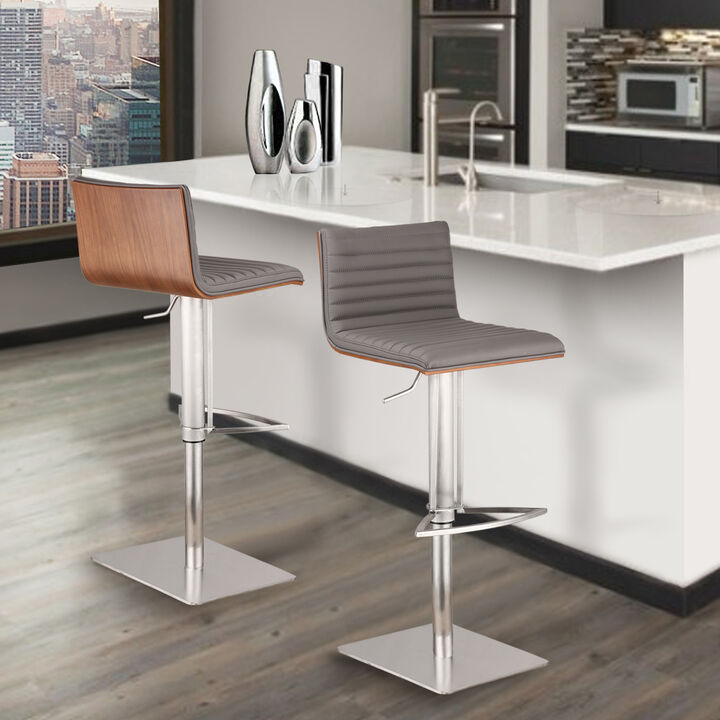 Caf&eacute; Adjustable Height Swivel Grey Faux Leather and Walnut Wood Stool with Brushed Stainless Steel Base