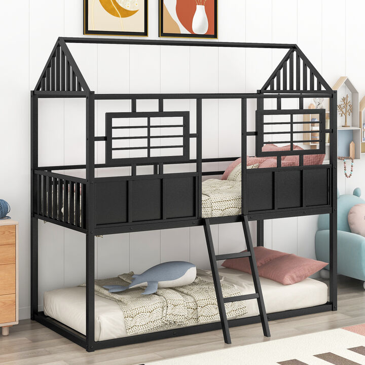 Twin over Twin Size Metal Low Bunk Beds with Roof and Fence-shaped Guardrail, Black