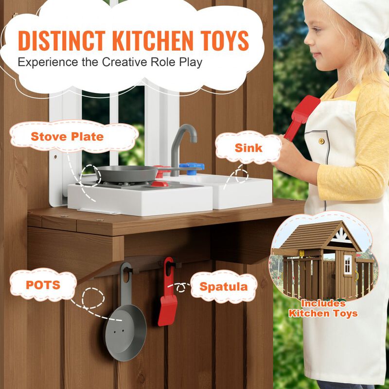 Backyard Wooden Swing Set with Slide and Upper Play Fort for Kids