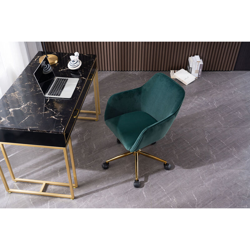 Modern Velvet Fabric Material Adjustable Height 360 revolving Home Office Chair with Gold Metal Legs and Universal Wheels for Indoor, Dark Green