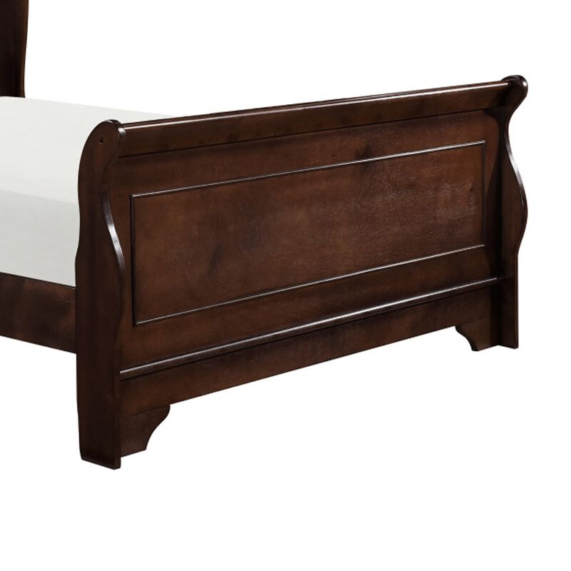 Transitional Queen Sleigh Style Bed, Dark Wood Frame, Cherry Brown Finish - Benzara