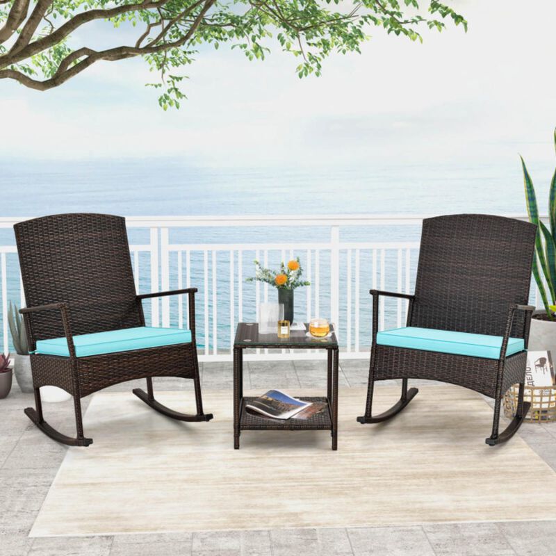 Hivvago 3 Piece Patio Rocking Set Wicker Rocking Chairs with 2-Tier Coffee Table