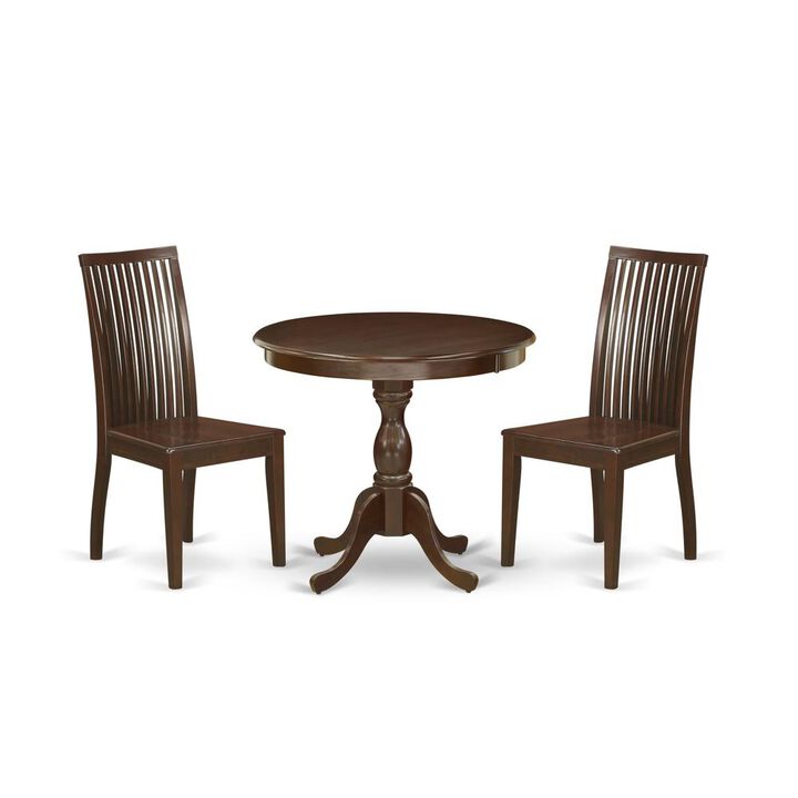 AMIP3-MAH-W 3 Piece Dining Table Set - 1 Pedestal Table and 2 Mahogany Dining Chairs - Mahogany Finish