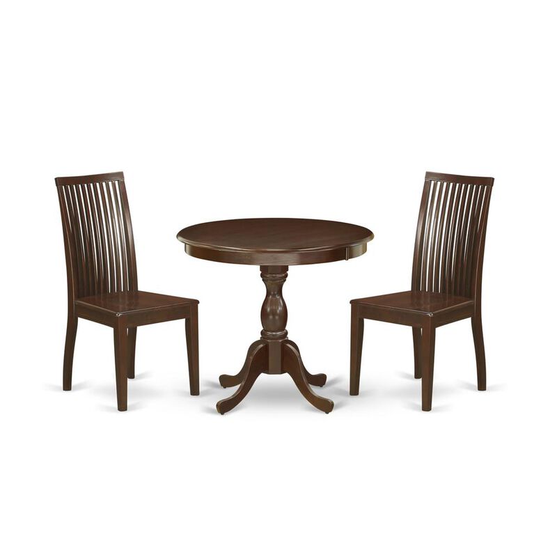 AMIP3-MAH-W 3 Piece Dining Table Set - 1 Pedestal Table and 2 Mahogany Dining Chairs - Mahogany Finish