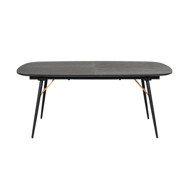 Belo Dining Table, Extendable 71-91 Inch Curved Top, Black Oak, Gold - Benzara
