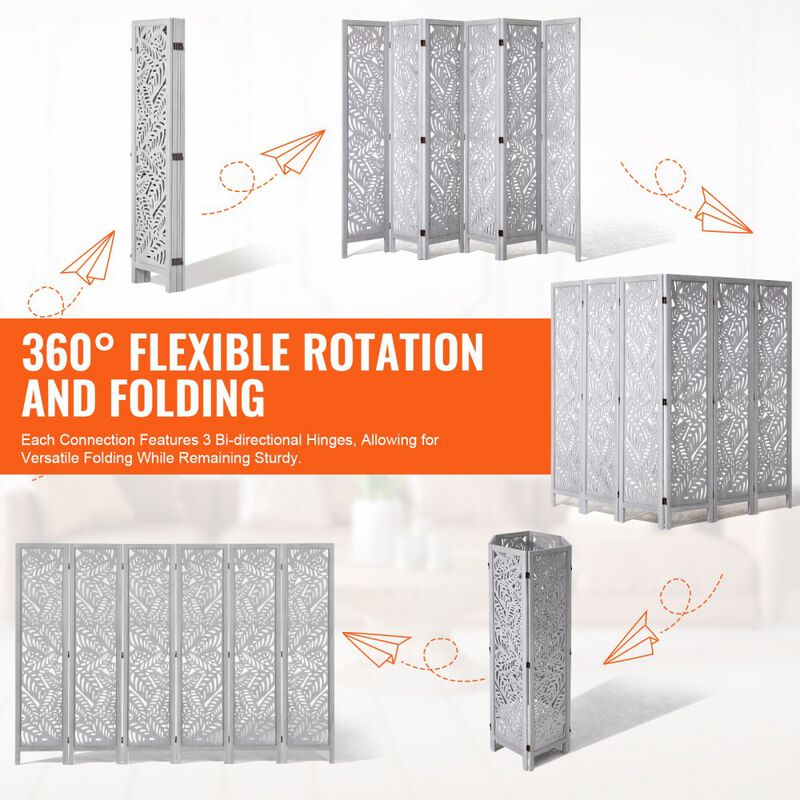 6-Panel Wood Room Divider, Folding Carved Privacy Screen for Home & Office image number 7