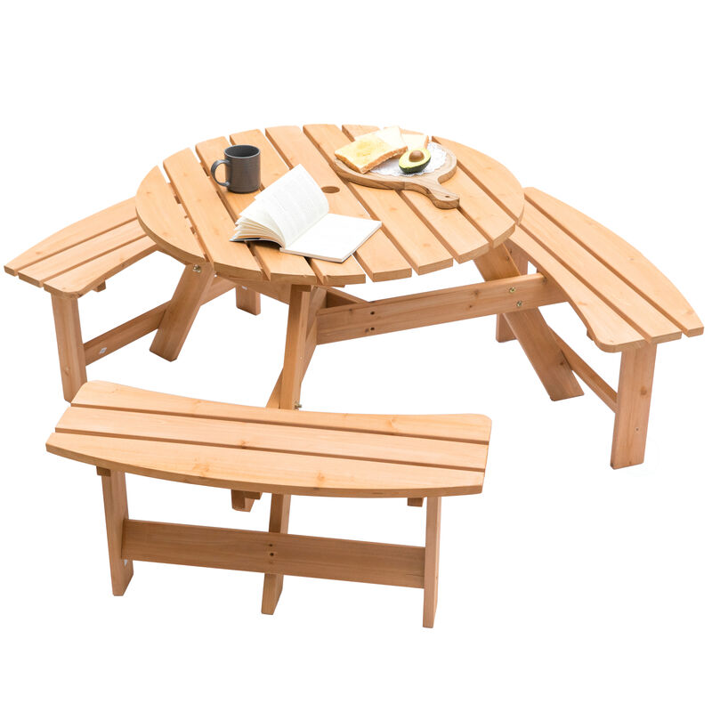 Wooden Outdoor Round Picnic Table with Bench for Patio, 6- Person with Umbrella Hole - Stained
