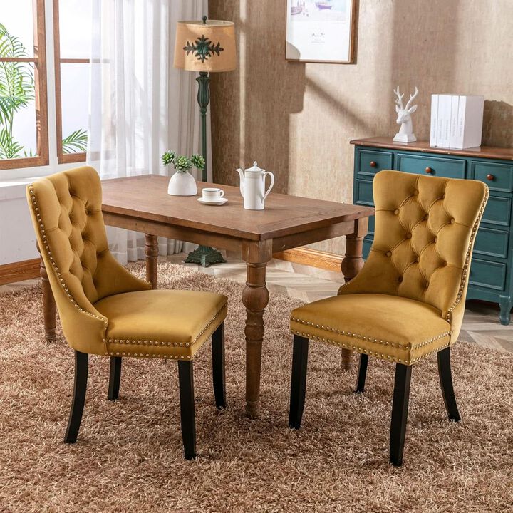 ShipItFurniture Velvet Dining Chairs Gold Finishing Collection Set - 2-Piece High-Back Tufted Velvet Side Chairs, Walnut Legs
