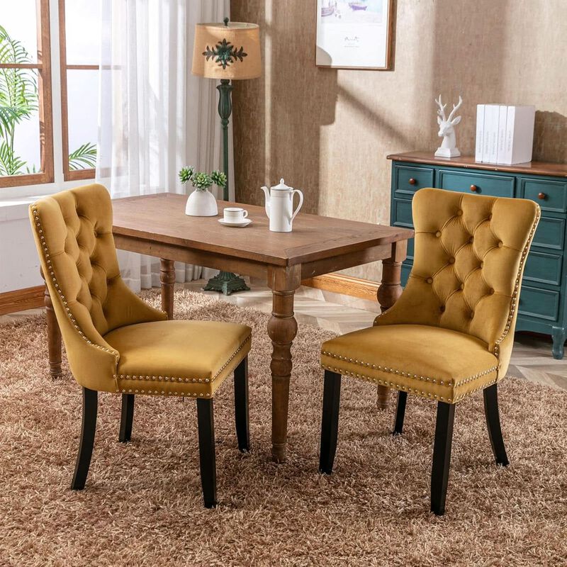 ShipItFurniture Velvet Dining Chairs Gold Finishing Collection Set - 2-Piece High-Back Tufted Velvet Side Chairs, Walnut Legs image number 1