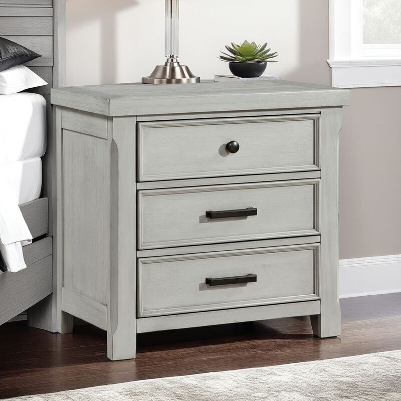 Brok Nightstand, 3 Drawers, Light Gray Acacia Wood, Black Bar Handles - Benzara