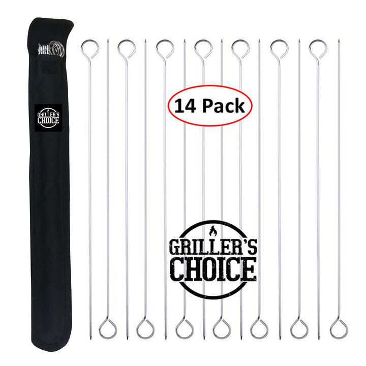 Grillers Choice Kabob Skewers, Set of 14, 15" Shish Kabob Skewers for Grilling. Made with Type 440 Stainless Steel, The Highest Grade of Stainless Steel. Strong Metal Skewers.