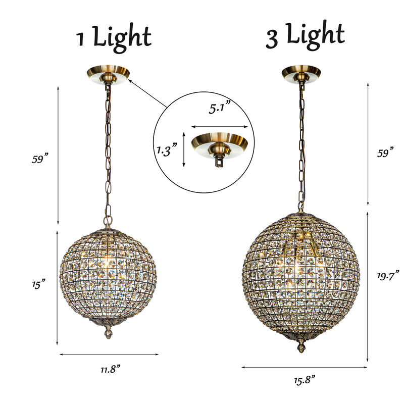 1-Light W12 in. Retro Antique Gold Globe Chandelier Small Crystal Vintage Cage-Style Shade Pendant Light for Kitchen Island image number 6