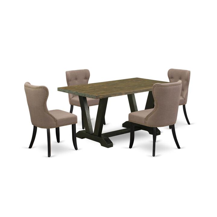 East West Furniture V676SI648-5 5-Pc Dining Table Set- 4 Parson Dining Chairs with Coffee Linen Fabric Seat and Button Tufted Chair Back - Rectangular Table Top & Wooden Legs - Distressed Jacobean and
