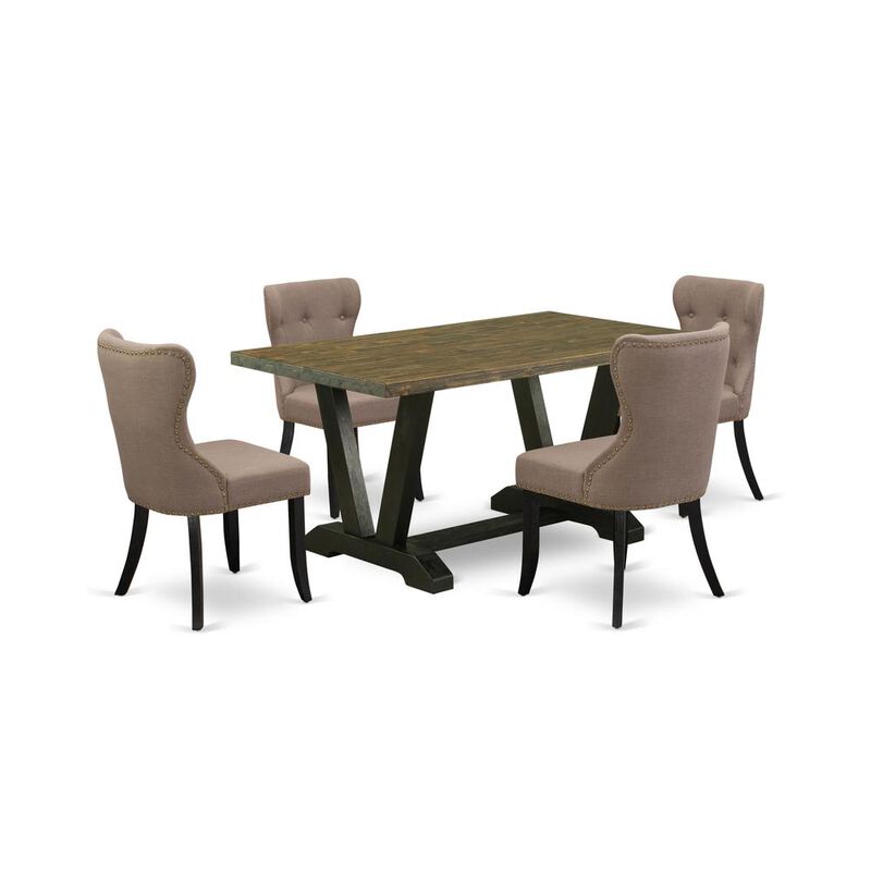 East West Furniture V676SI648-5 5-Pc Dining Table Set- 4 Parson Dining Chairs with Coffee Linen Fabric Seat and Button Tufted Chair Back - Rectangular Table Top & Wooden Legs - Distressed Jacobean and