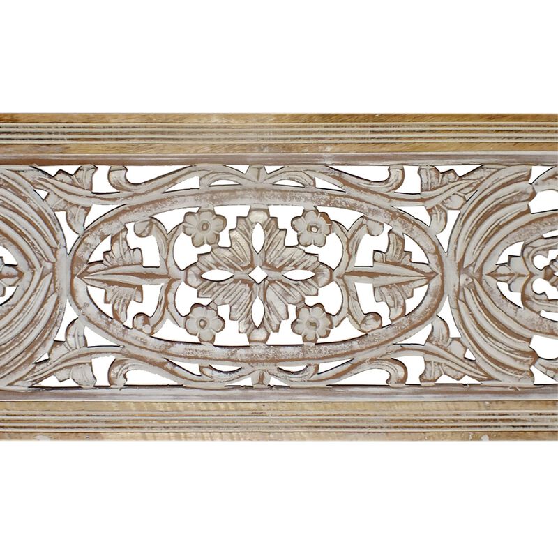 Rectangular Mango Wood Wall Panel Hand Crafted With Intricate Carving, White and Brown-Benzara image number 4